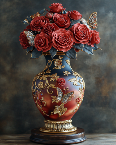 A Sparkly Rose Vase Fondant Cake on Stand