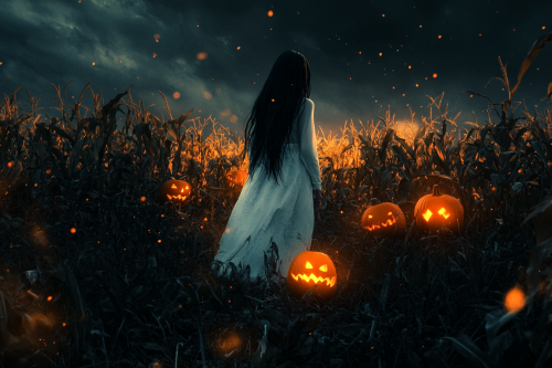 A Spooky Japanese Girl in Cornfield with Jackolanterns
