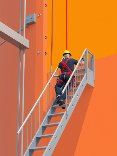 A Steel Worker Ascending Safety Stairs in 3D