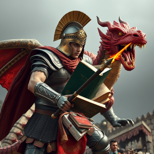 A Student Gladiator Fighting Textbook Dragon