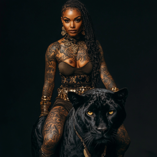 A Stunning African Woman with Tattoos Riding Panther