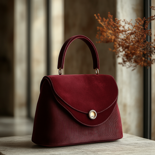 A Stylish Burgundy Cotton Handbag with Gold Accents