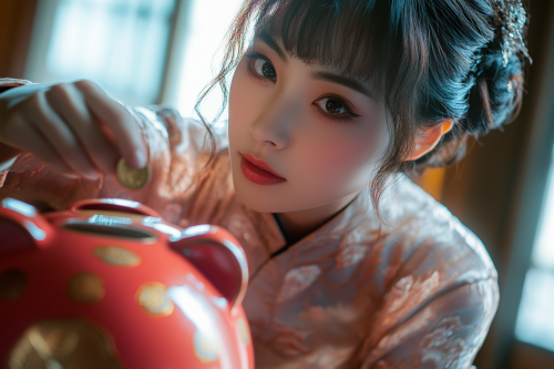 A Stylish Japanese Woman Saving Money at Home