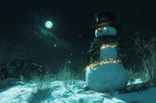 A Stylish Snowman Glowing Softly in Moonlight