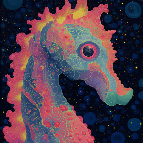 A Surreal Cosmic Seahorse Painting with Detailed Elements