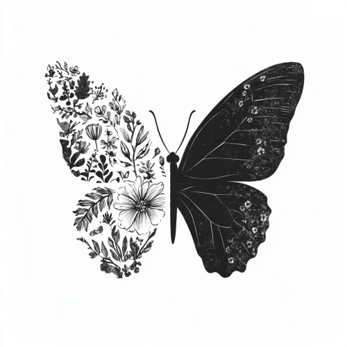 A Symmetrical Butterfly Silhouette with Delicate Floral Wing