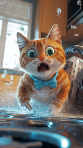 A Tabby Cat Oliver Riding Vacuum in Kitchen