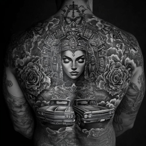 A Tattoo of an Aztec Princess with Classic Cars