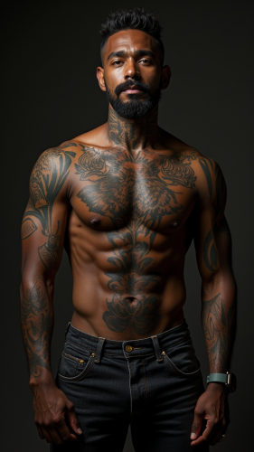 A Tattooed, Shirtless Man with Mysterious Aura
