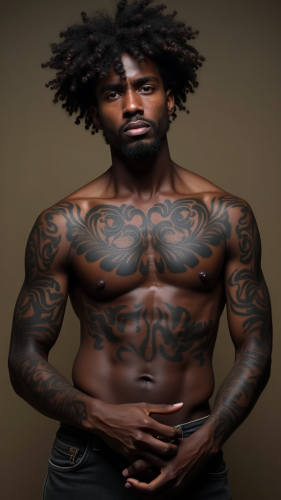 A Tattooed Man with Curly Hair and Dark Skin