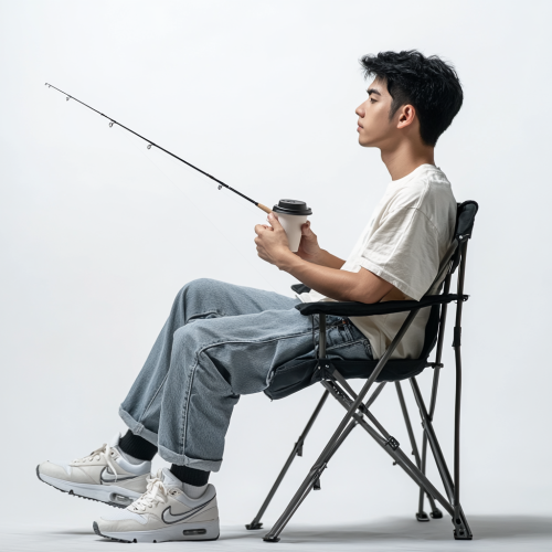 A Thai man fishing with coffee on chair.