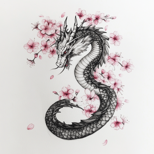 A Thin Dragon Surrounded by Sakura Flowers