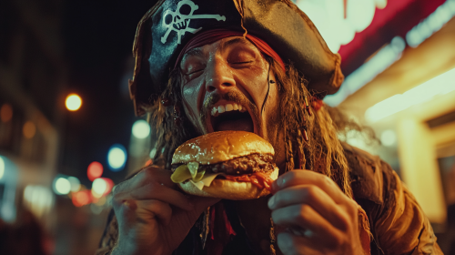 A Tired Drunk Pirate Enjoying a Late-Night Burger
