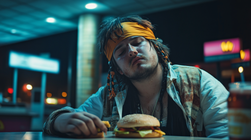 A Tired Pirate Enjoying Late-Night Burger King Feast
