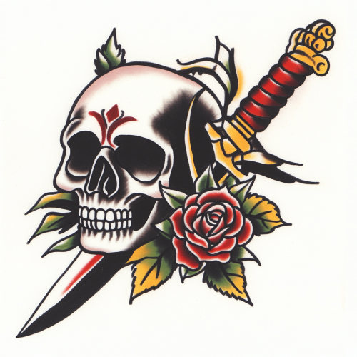 A Traditional Skull Tattoo with Rose and Dagger