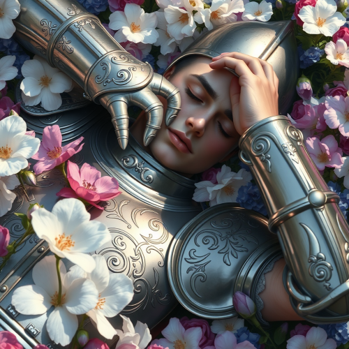 A Tranquil Knight Resting Amidst Vibrant Flowers