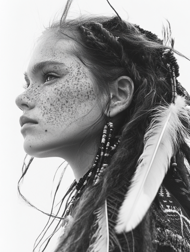 A Tribal Girl with Beads and Feathers in Hair