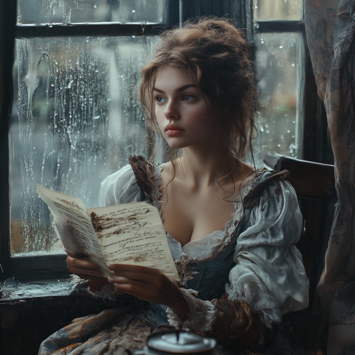 A Victorian girl reading a letter by window