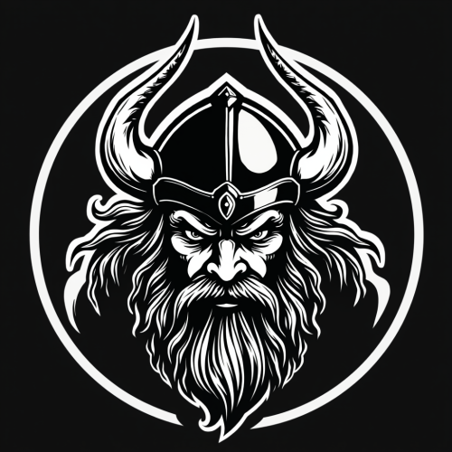 A Viking logo in black and white.