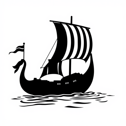 A Viking longship in black and white silhouette.