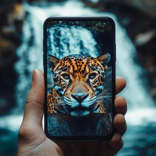 A Vintage Camera Image of a Jaguar and Waterfall