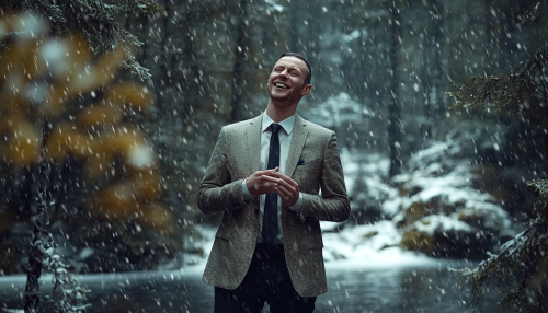 A Well-Dressed Man Smiling in Rainy Forest