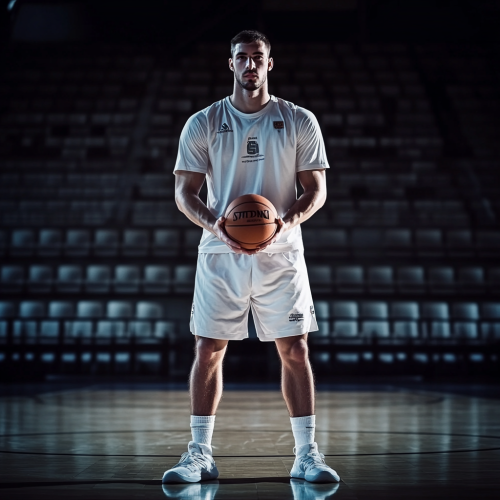 A White Basketball Player Poses in Dark Stadium