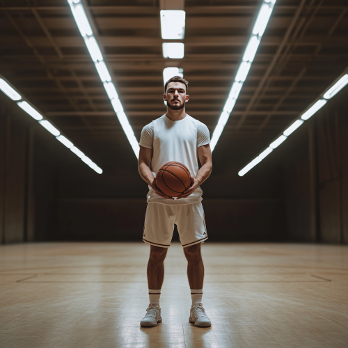 A White Basketball Player Poses with Ball in Stadium