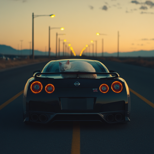 A White Cat Sleeping on a Black Nissan GT-R