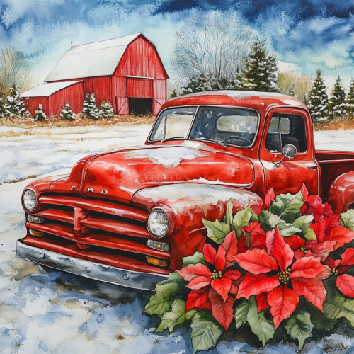 A Winter Scene with Poinsettias and Red Barn
