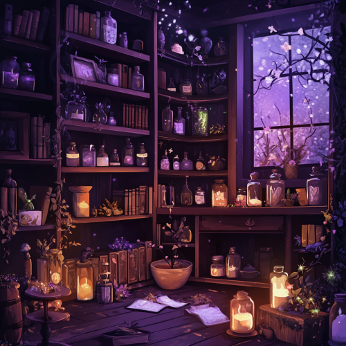 A Witch's Cozy Purple Room with Potions