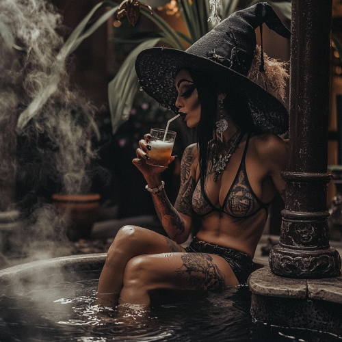 A Witch Relaxing by Dark Pool with Mimosa