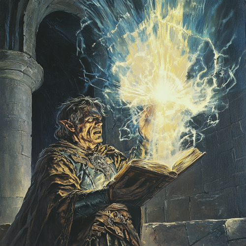 A Wizard Opens Enchanted Book, Shielding Eyes