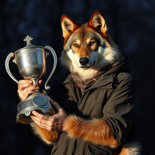 A Wolf Holding Trophy and Relaxing
