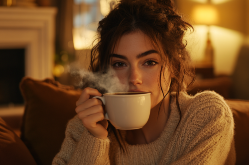 A Woman Enjoying Coffee in Cozy Home