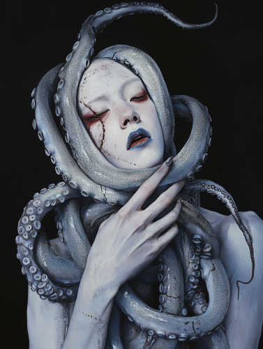 A Woman Held by Octopus in Dark Fantasy