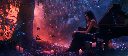 A Woman Sitting by Tree with Candle and Butterfly in Forest Night