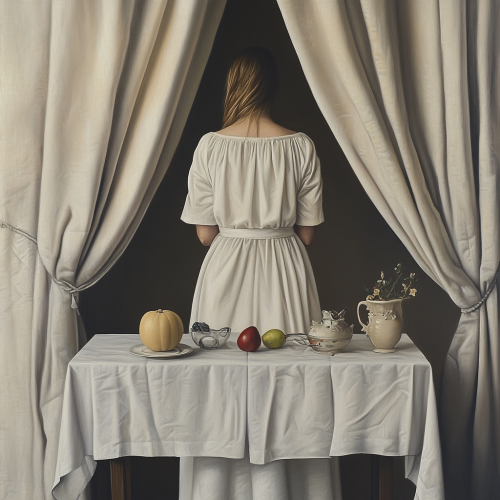A Woman Standing at Table with Still Life