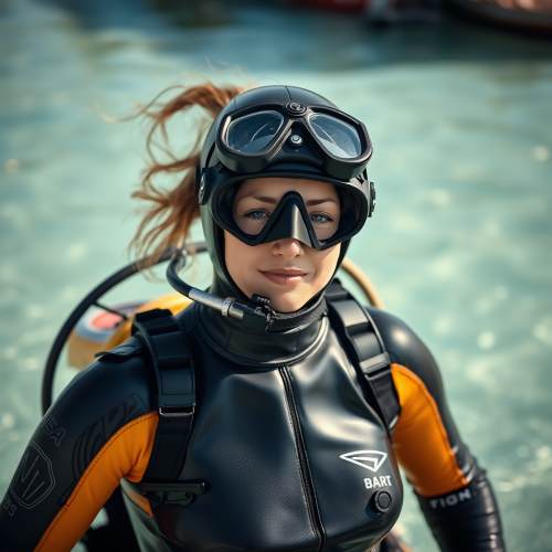 A Woman Wearing a Heavy Rubber Diving Suit