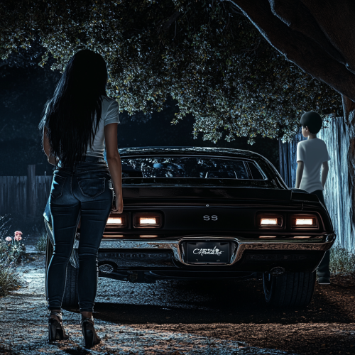 A Woman and Ghost Boy with a Camaro