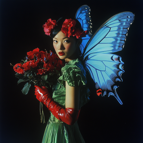 A Woman in Green Dress with Blue Butterfly Wings
