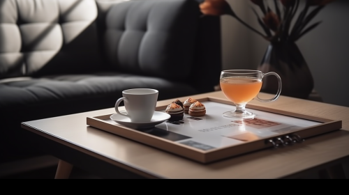 A Wooden Coffee Table with Tea and Sweets