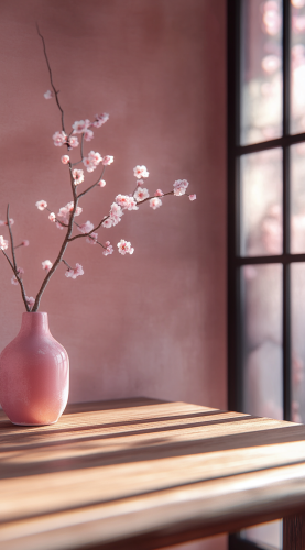 A Wooden Table with Pink Flowers and Vase