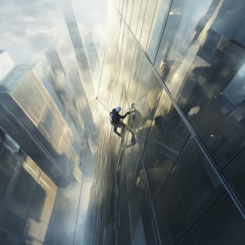 A Worker Cleaning Glass on Skyscraper