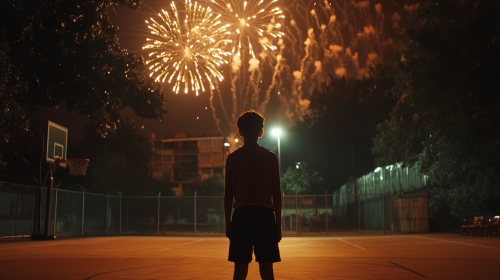 A Young Basketball Player Celebrates Victory at Night A Young Basketball Player Celebrates Victory at Night