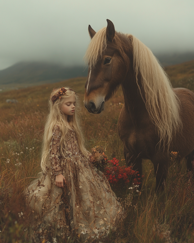 A Young Girl and Her Pony in Autumn Morning