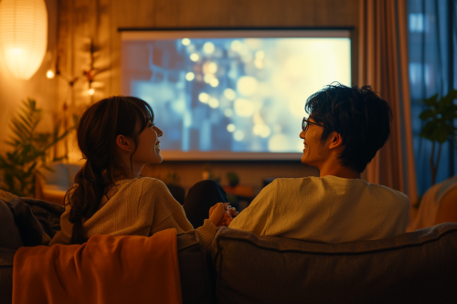 A Young Japanese Couple Watching TV in Cozy Living Room