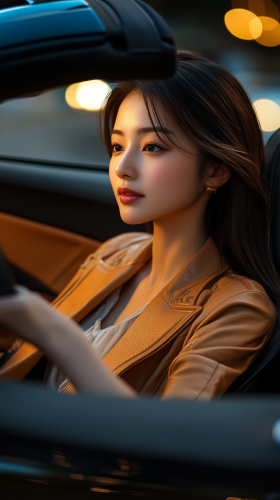 A Young Japanese Woman in Luxury Sports Car