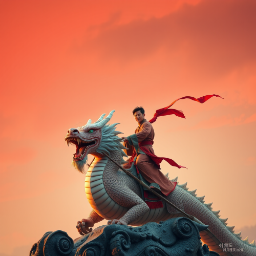 A Young Man Riding Chinese Dragon under Red Sky