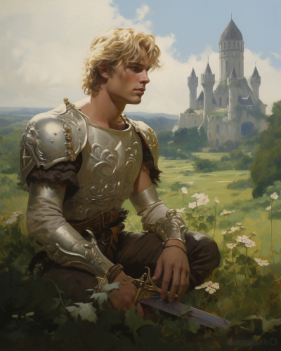 A Young Man in Armor in Field with Castle